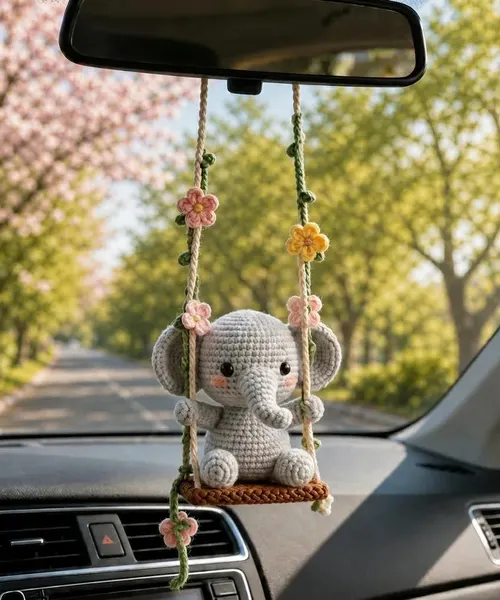 Handmade Crochet Elephant Swing Car Charm – Floral Rear View Mirror Decor