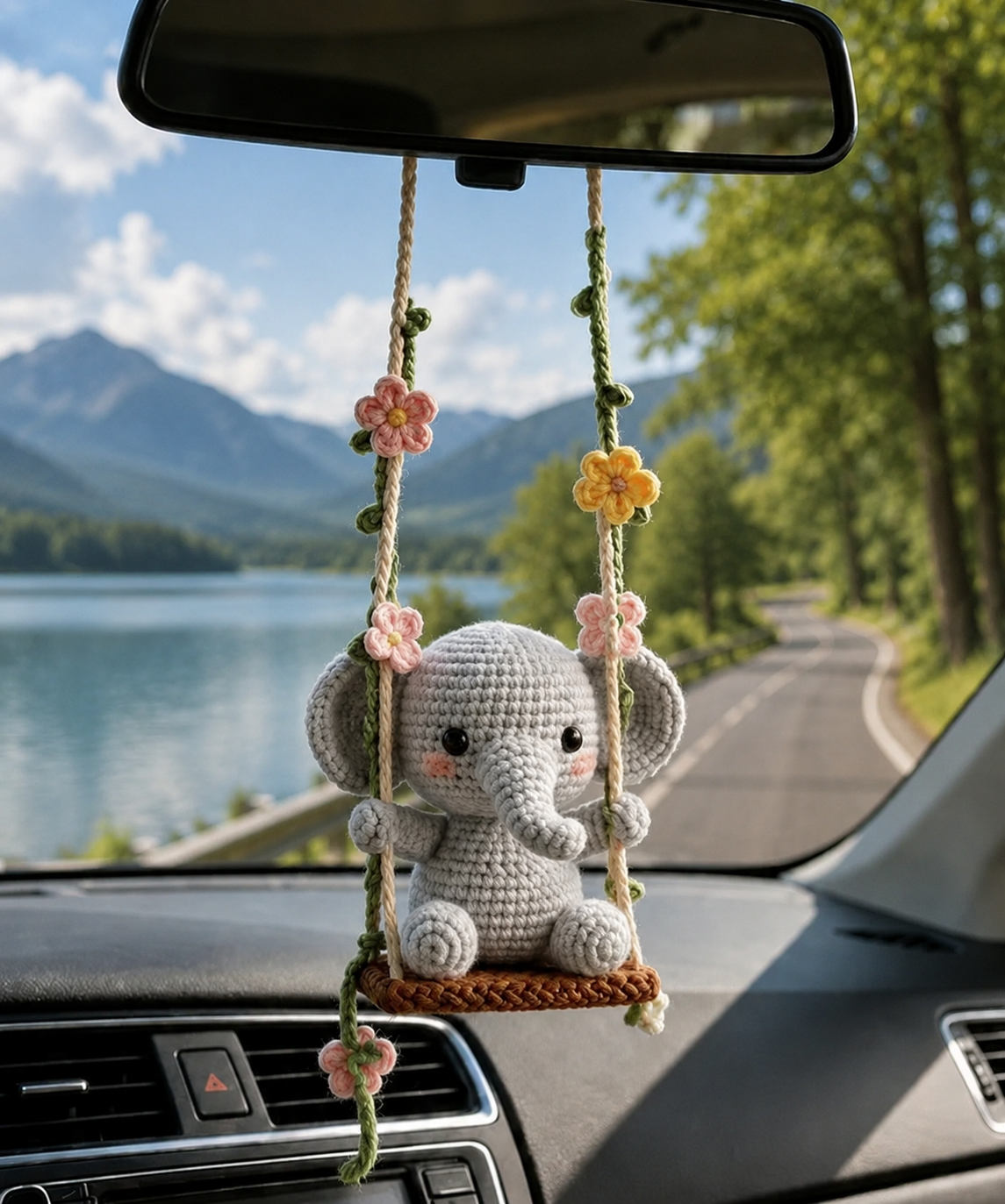 Handmade Crochet Elephant Swing Car Charm – Floral Rear View Mirror Decor
