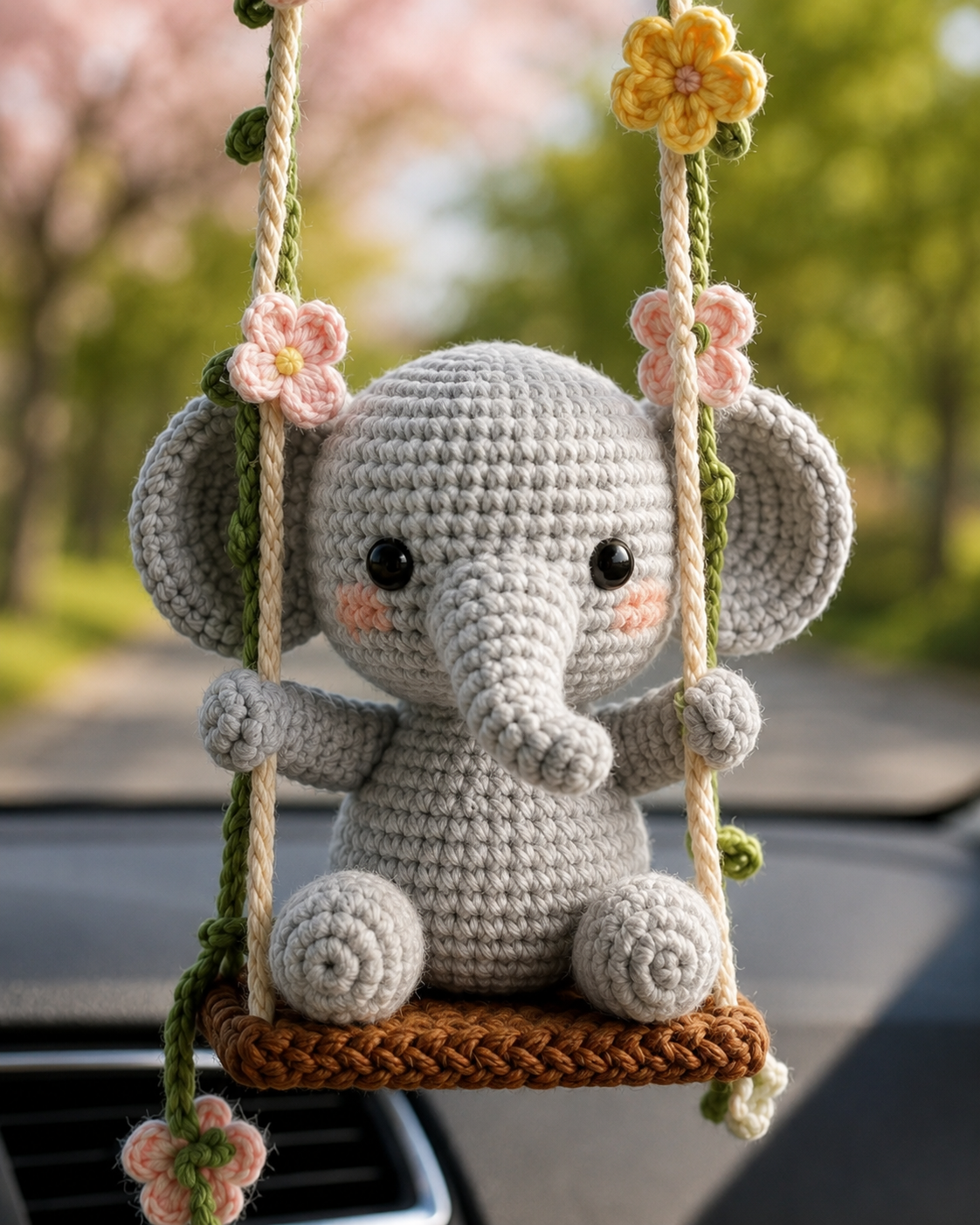 Handmade Crochet Elephant Swing Car Charm – Floral Rear View Mirror Decor