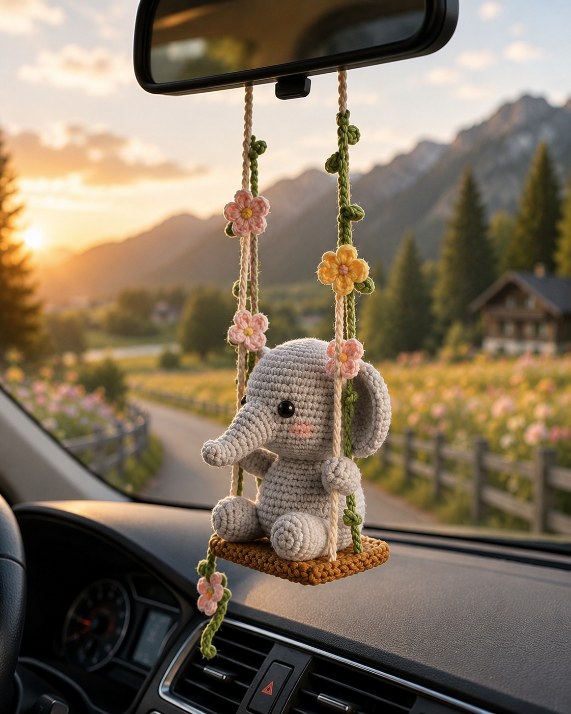 Handmade Crochet Elephant Swing Car Charm – Floral Rear View Mirror Decor