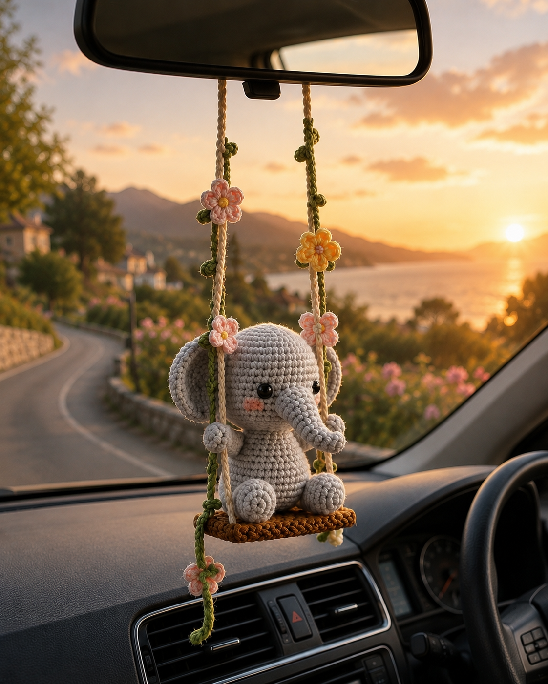 Handmade Crochet Elephant Swing Car Charm – Floral Rear View Mirror Decor