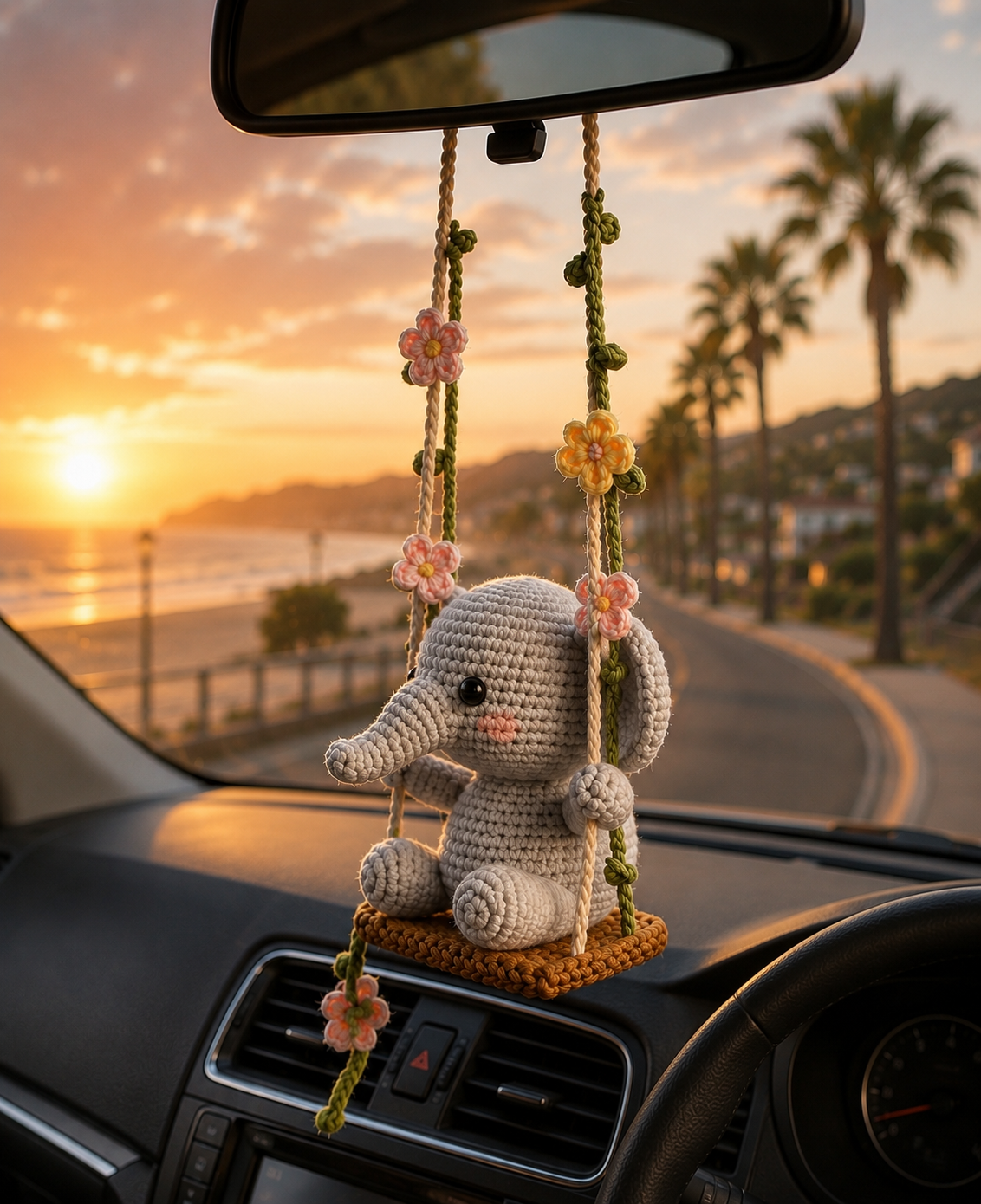 Handmade Crochet Elephant Swing Car Charm – Floral Rear View Mirror Decor