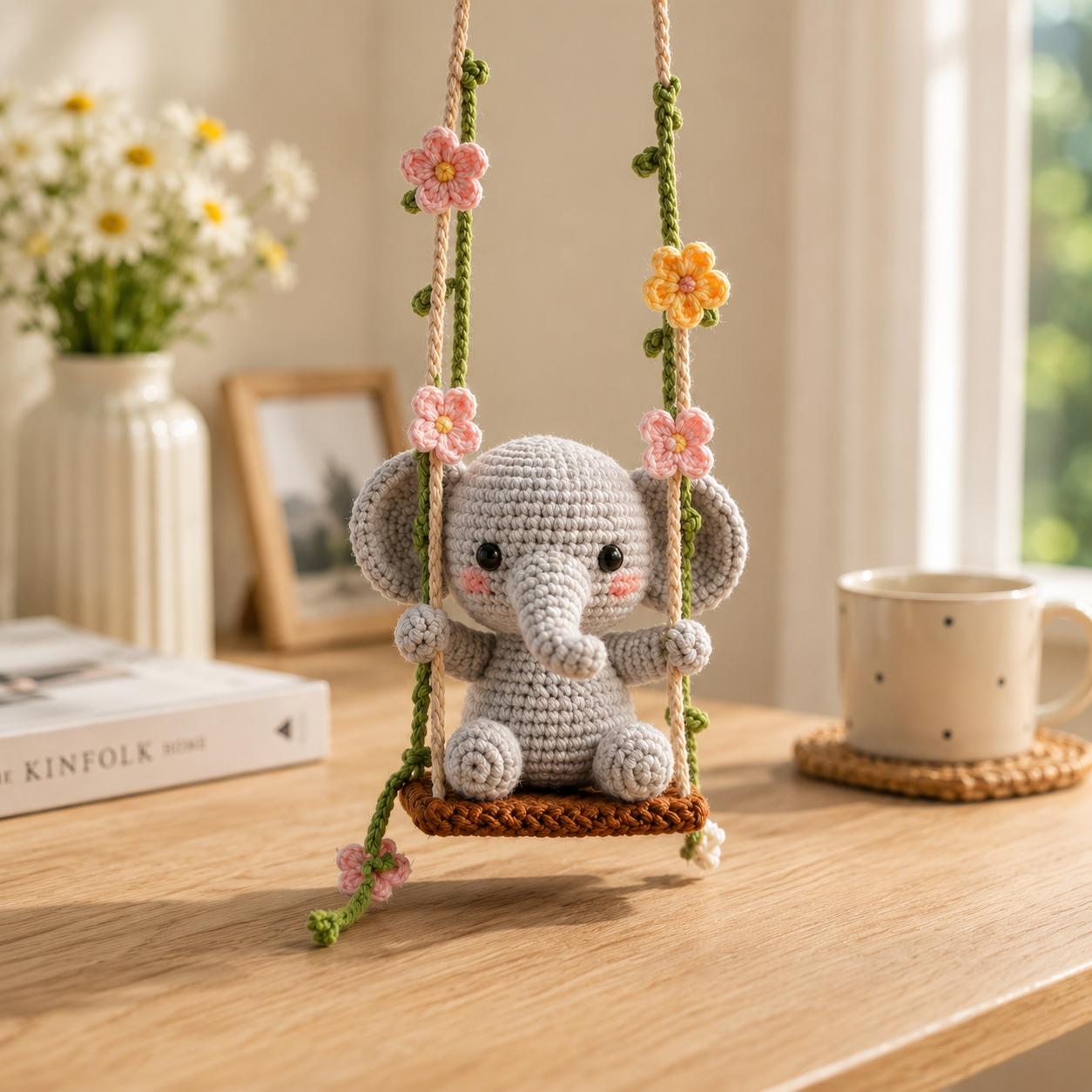 Handmade Crochet Elephant Swing Car Charm – Floral Rear View Mirror Decor