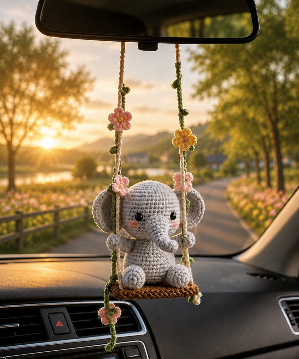 Handmade Crochet Elephant Swing Car Charm – Floral Rear View Mirror Decor