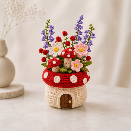 Handmade Crochet Mushroom House Flower Pot – Cottagecore Forest Decor