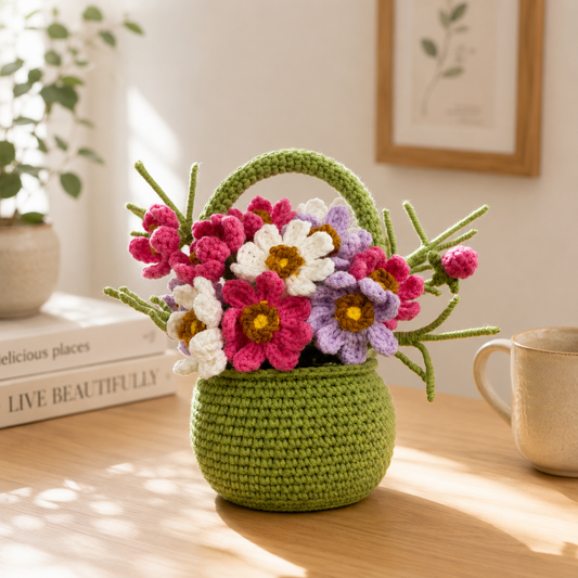 Handmade Crochet Cosmos Flower Basket – Cottagecore Floral Decor