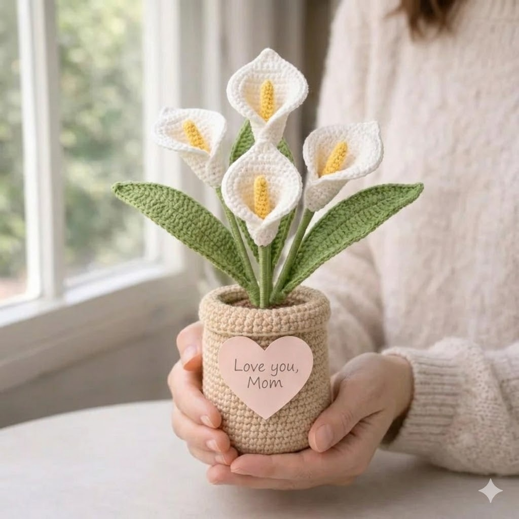 Handmade Crochet Calla Lily Flower Pot – Mother's Day Home Decor