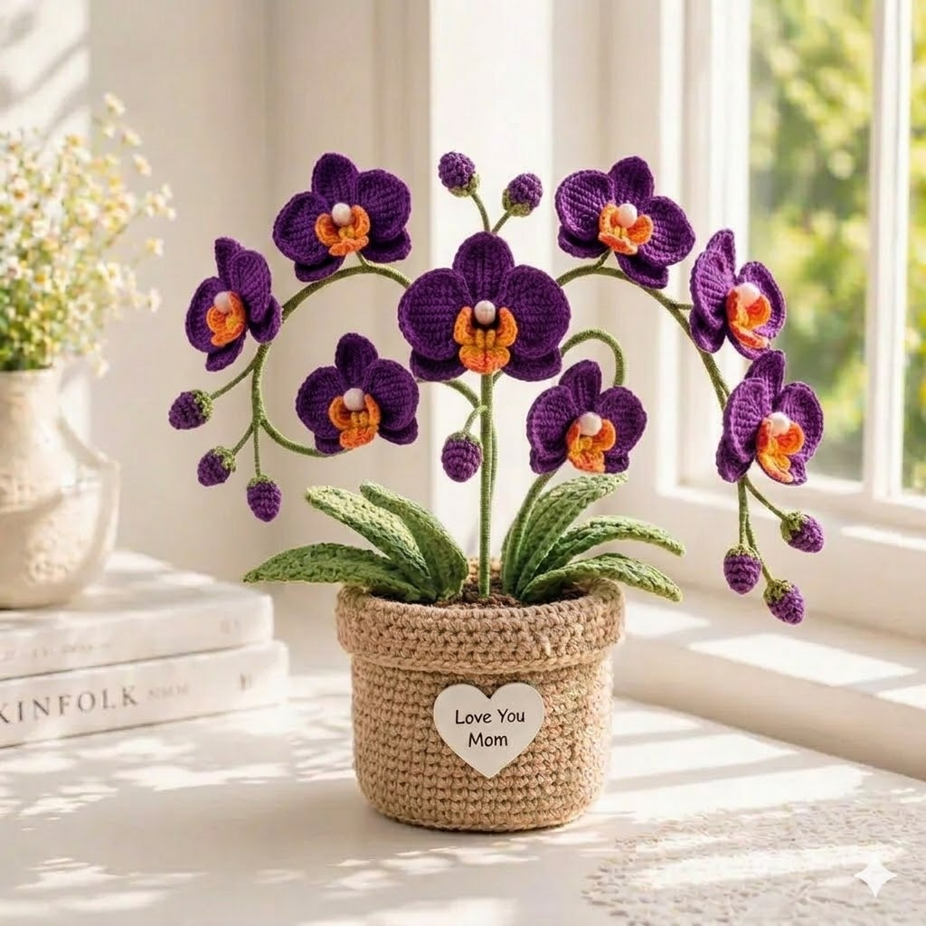 Handmade Crochet Personalized Orchid Flower Pot – Love You Mom Gift