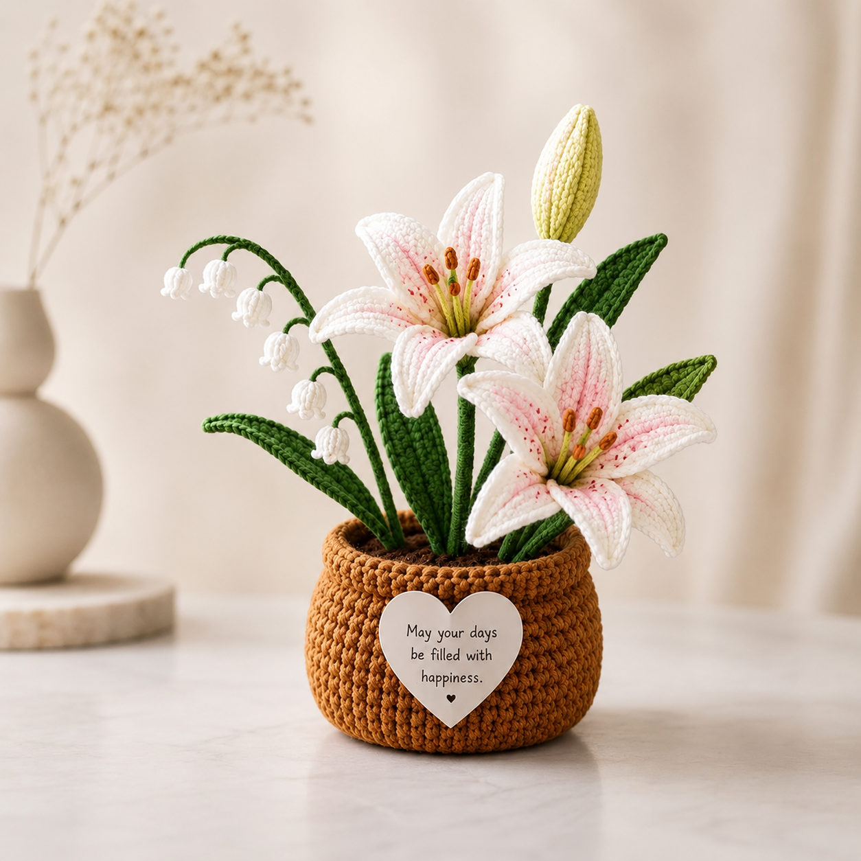 Handmade Crochet Lily & Lily of the Valley Flower Pot – Thinking of You Gift