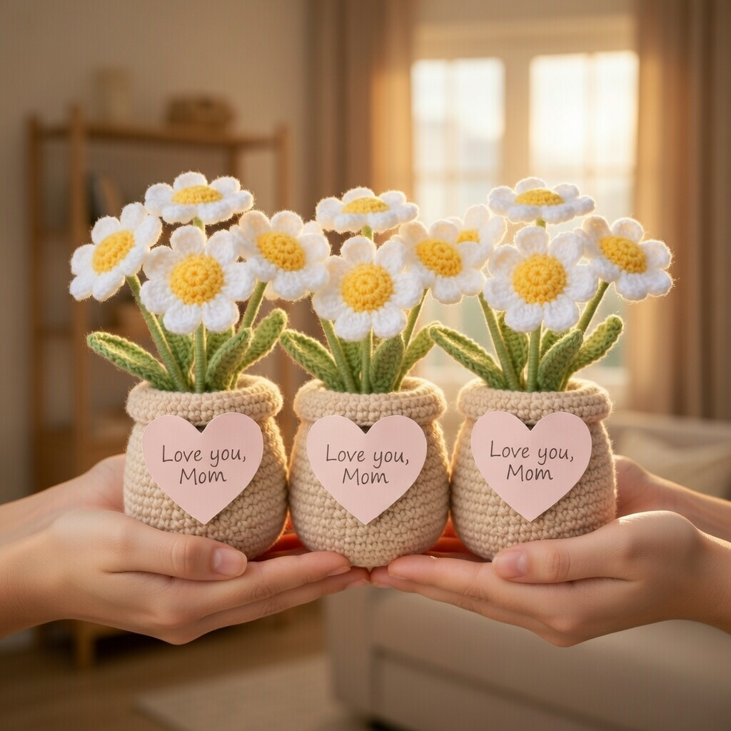 Handmade Crochet Daisy Flower Pot – Housewarming Desk Decor