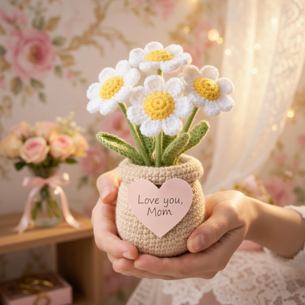 Handmade Crochet Daisy Flower Pot – Housewarming Desk Decor