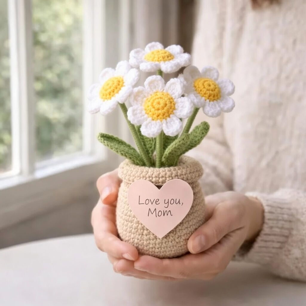 Handmade Crochet Daisy Flower Pot – Housewarming Desk Decor