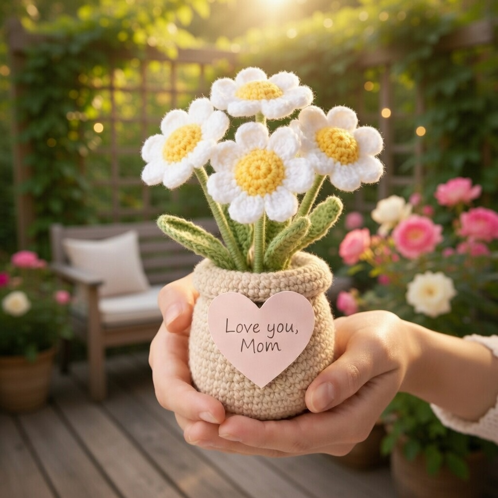 Handmade Crochet Daisy Flower Pot – Housewarming Desk Decor