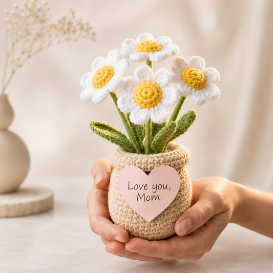 Handmade Crochet Daisy Flower Pot – Housewarming Desk Decor