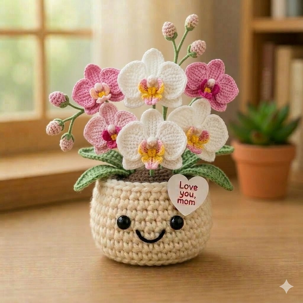 Handmade Crochet Orchid Flower Pot – Mother's Day Floral Gift