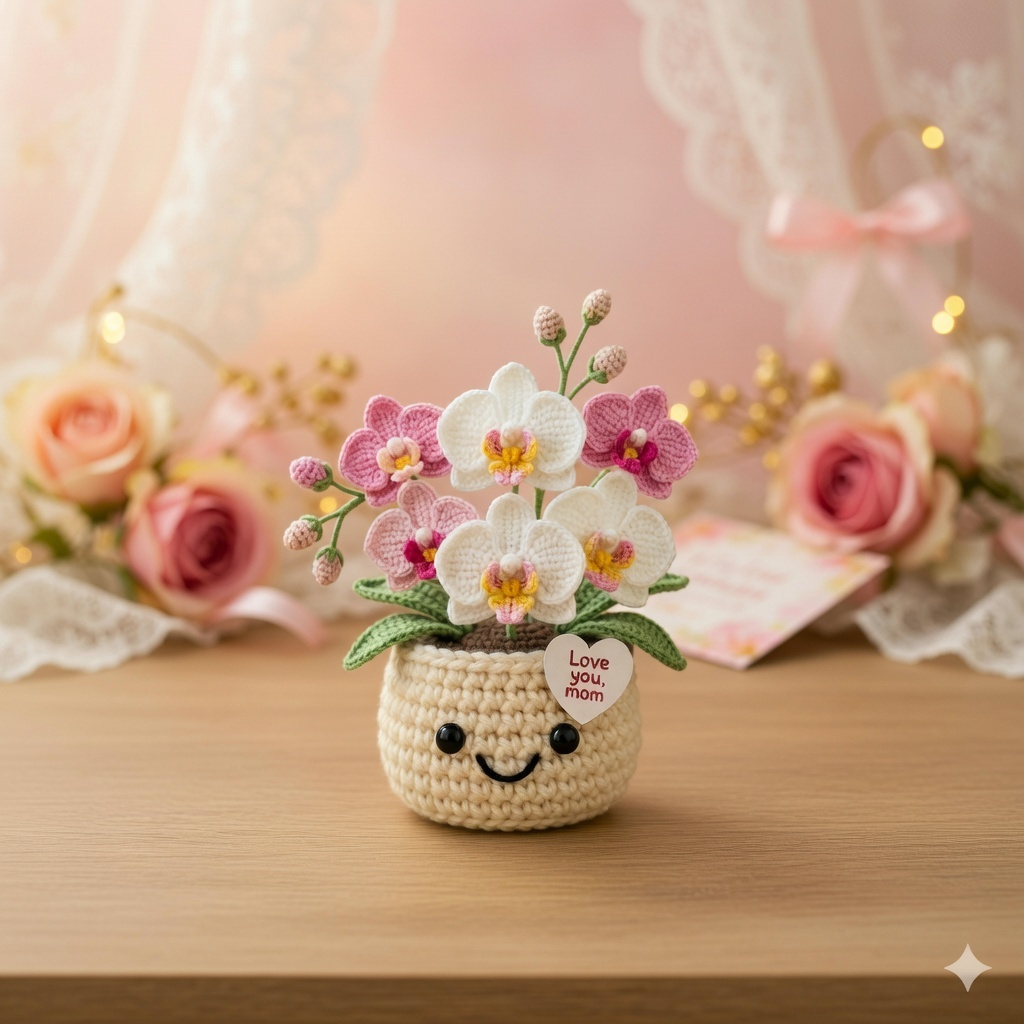 Handmade Crochet Orchid Flower Pot – Mother's Day Floral Gift