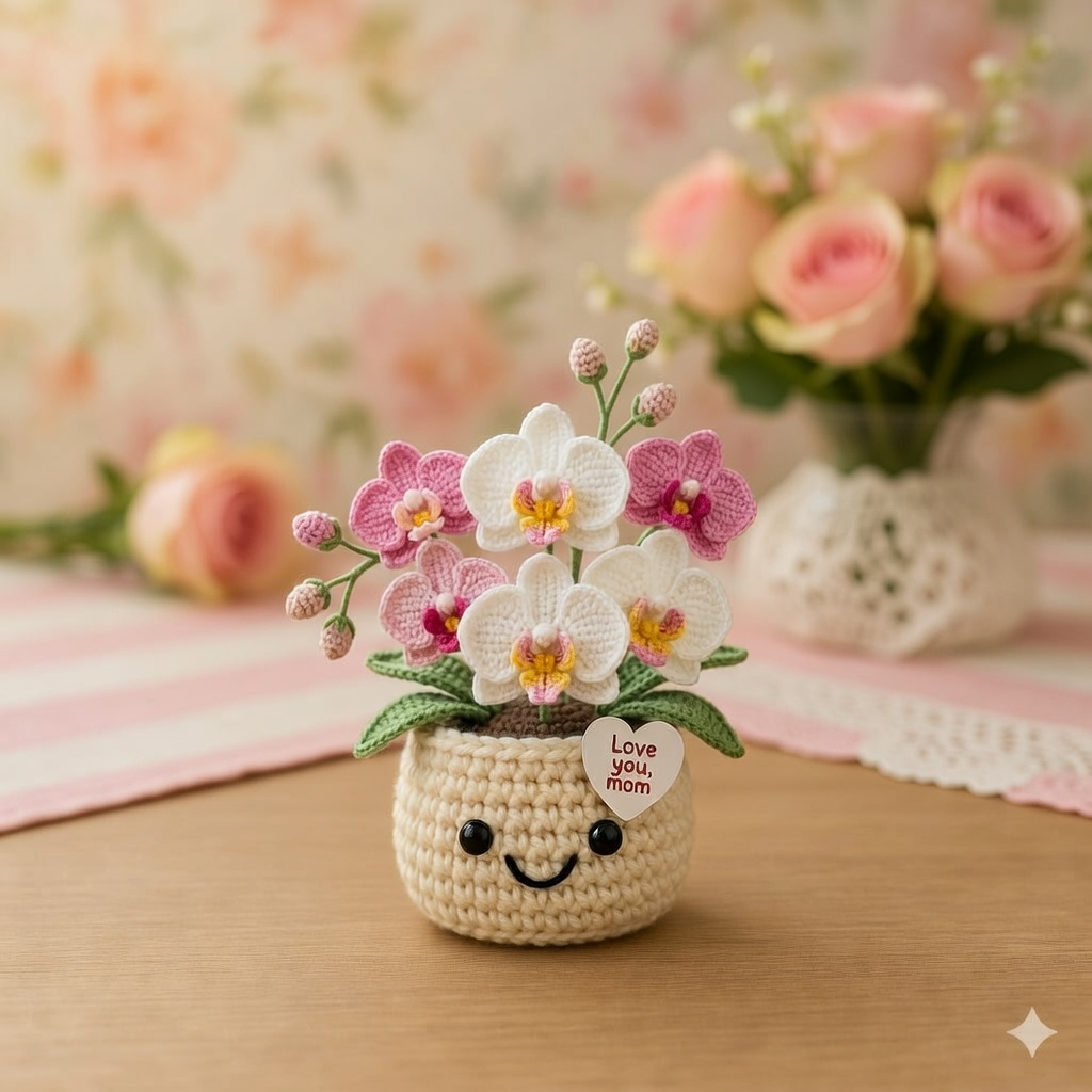 Handmade Crochet Orchid Flower Pot – Mother's Day Floral Gift