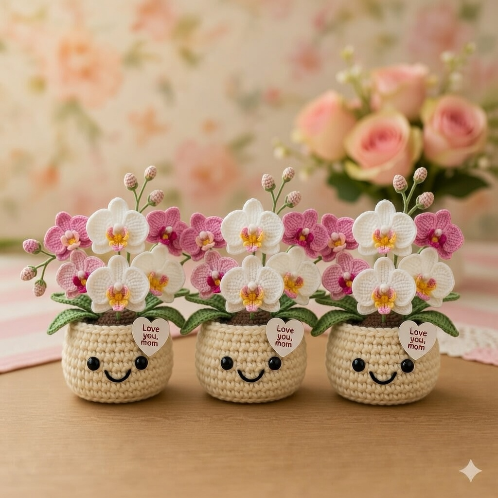 Handmade Crochet Orchid Flower Pot – Mother's Day Floral Gift