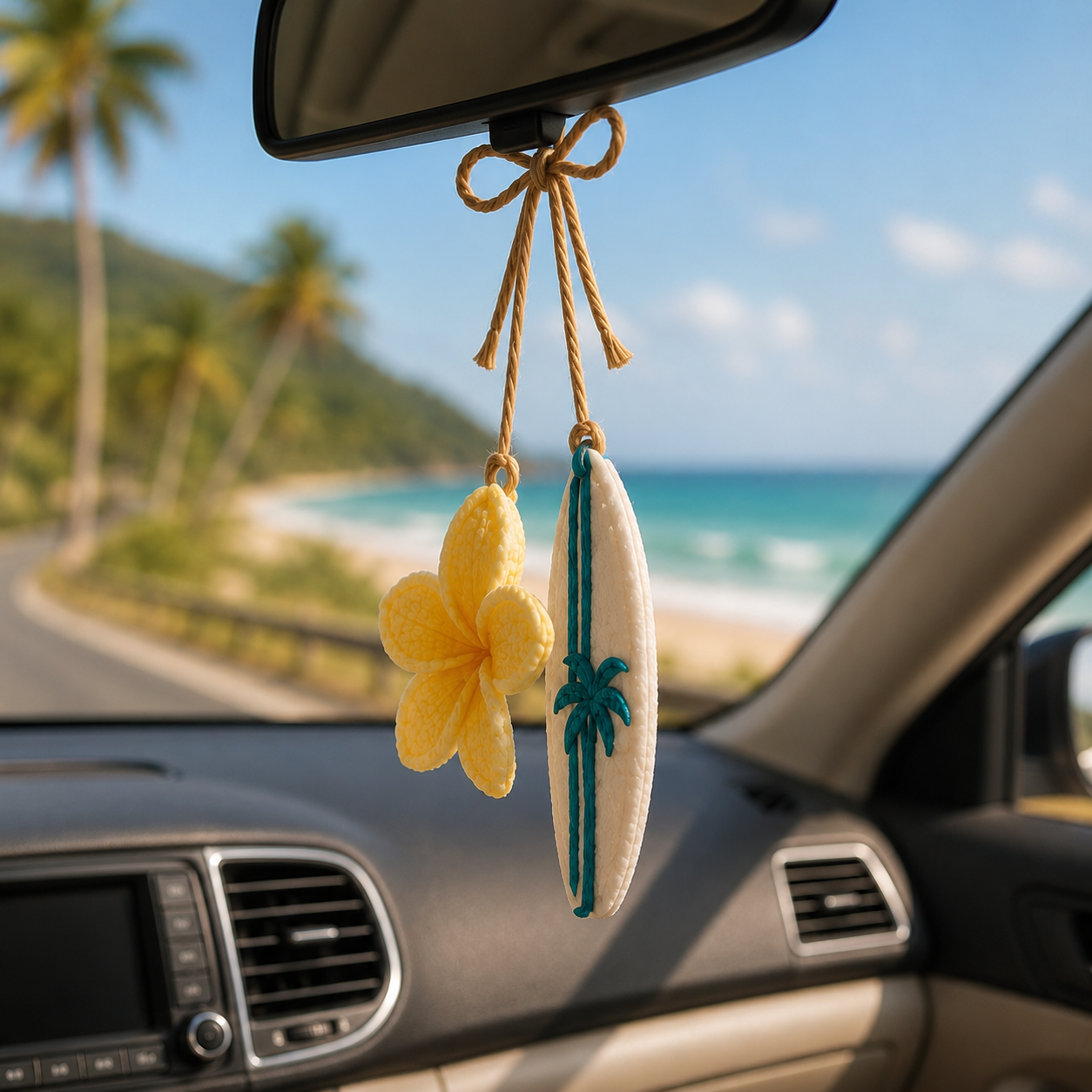 Crochet Summer Car Charm – Starfish & Surfboard Mirror Decor