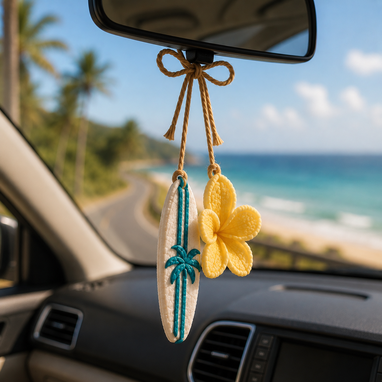 Crochet Summer Car Charm – Starfish & Surfboard Mirror Decor