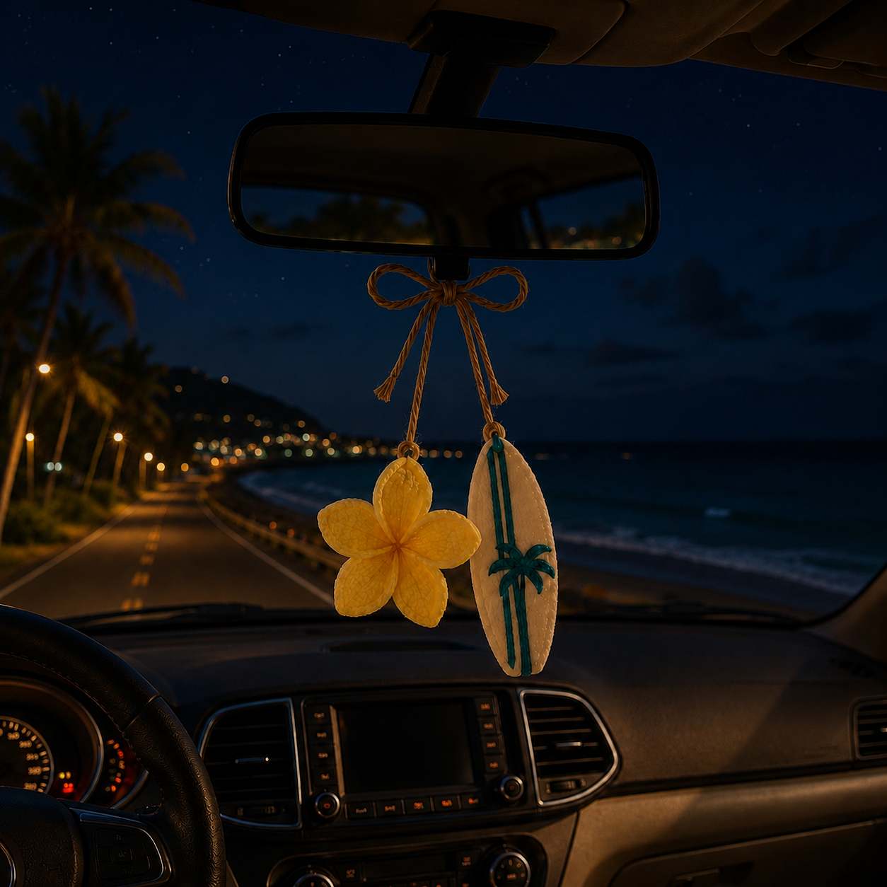 Crochet Summer Car Charm – Starfish & Surfboard Mirror Decor