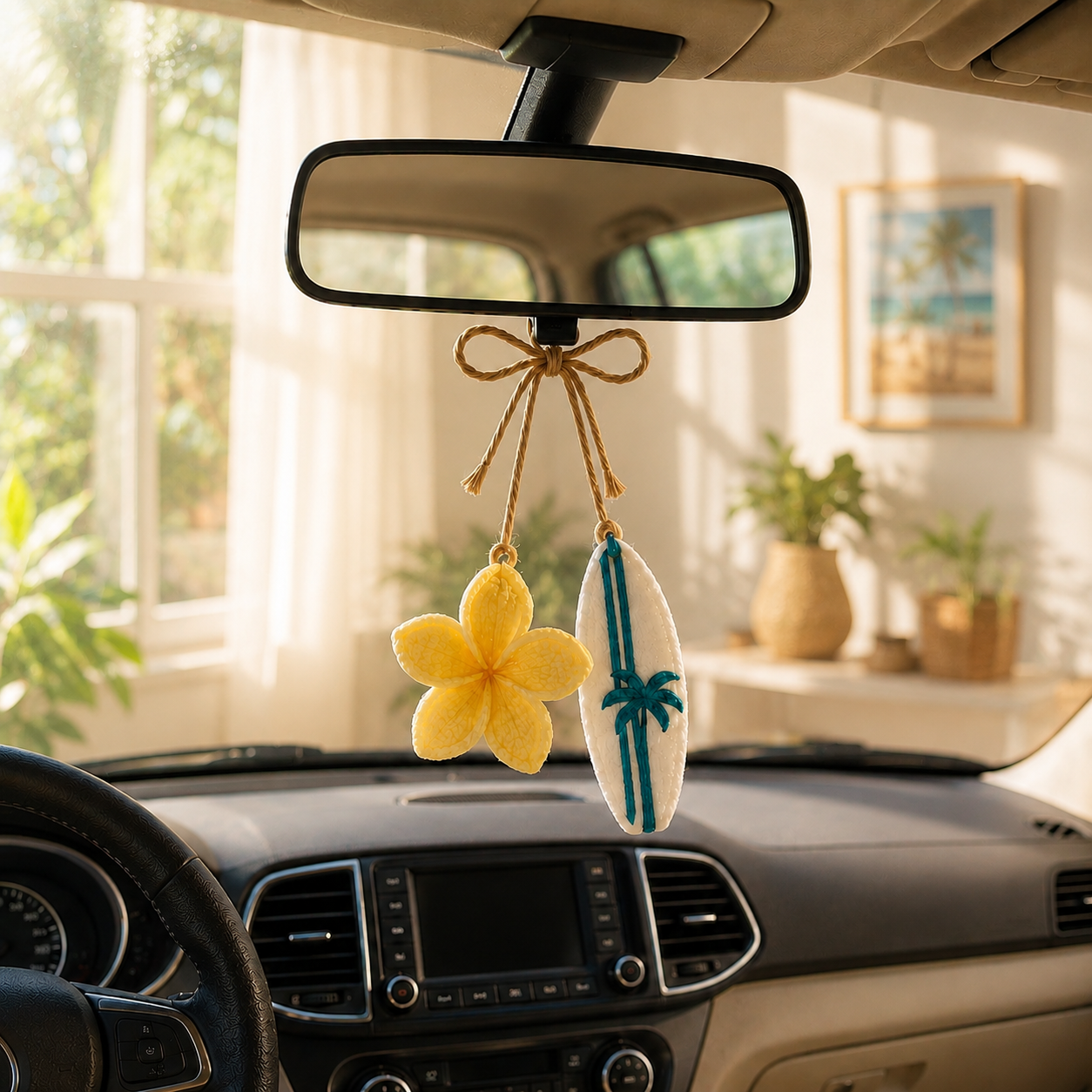 Crochet Summer Car Charm – Starfish & Surfboard Mirror Decor