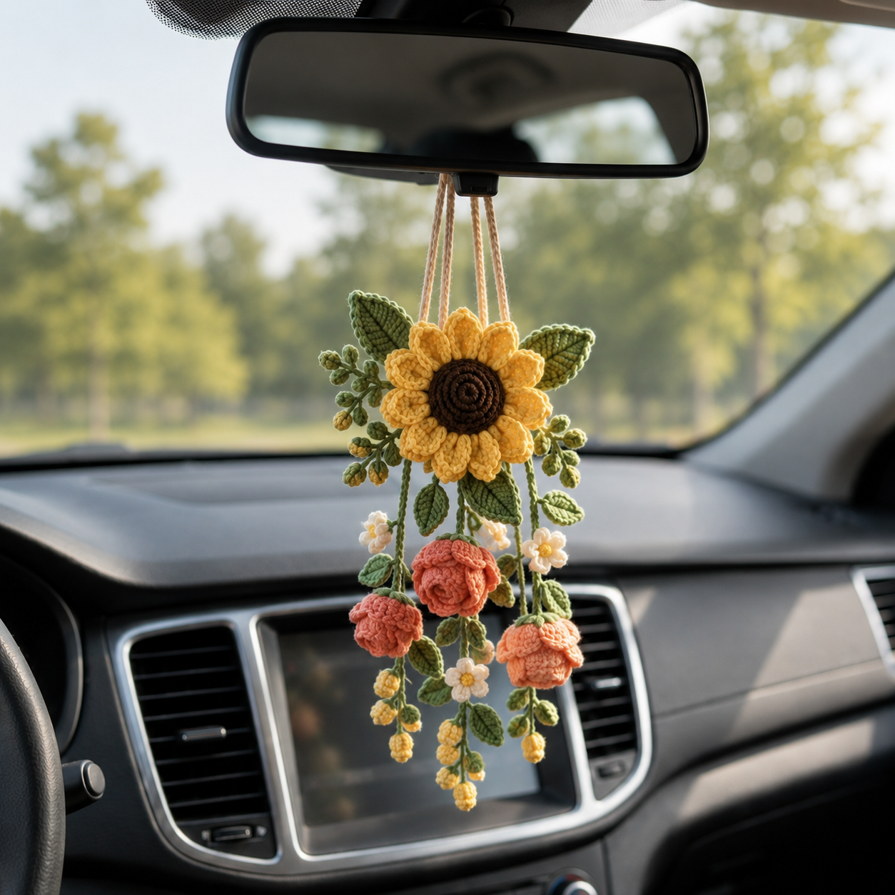 Crochet Flower Car Hanging Charm – Daisy Lavender Mirror Decor