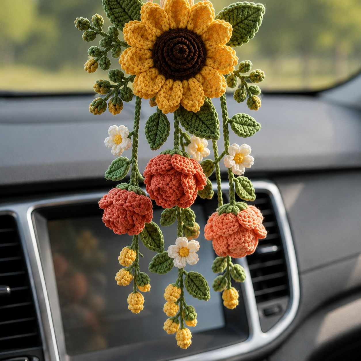 Crochet Flower Car Hanging Charm – Daisy Lavender Mirror Decor
