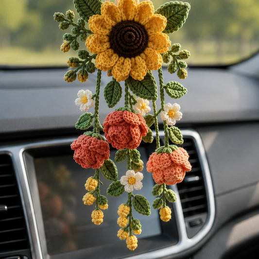 Crochet Flower Car Hanging Charm – Daisy Lavender Mirror Decor