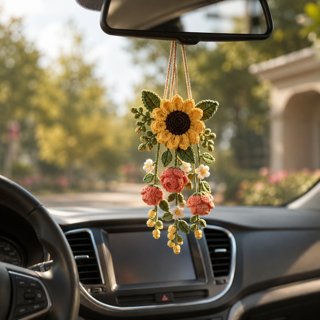 Crochet Flower Car Hanging Charm – Daisy Lavender Mirror Decor