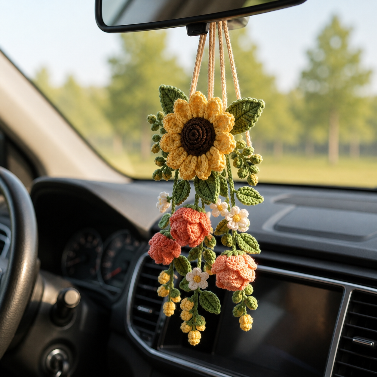 Crochet Flower Car Hanging Charm – Daisy Lavender Mirror Decor