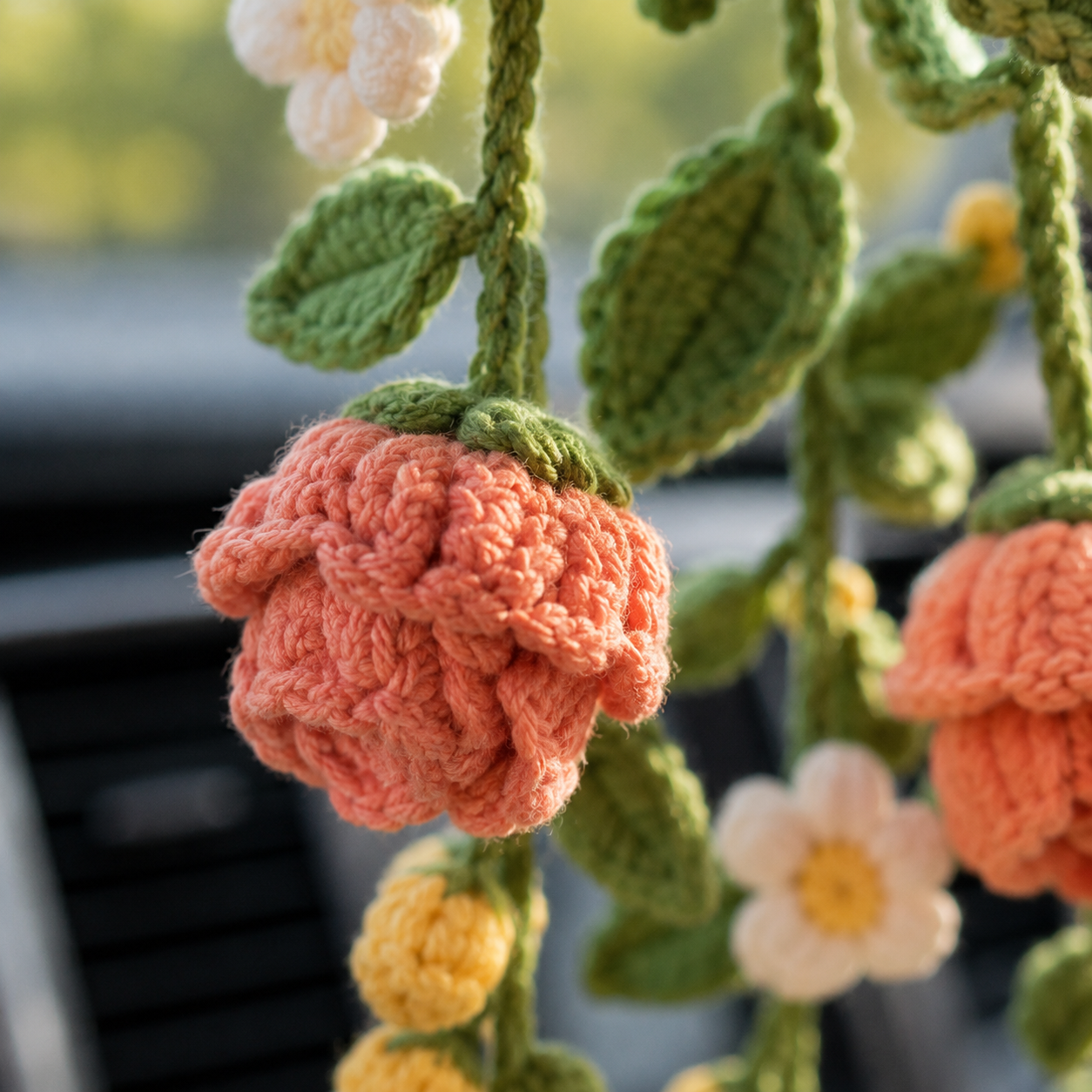 Crochet Flower Car Hanging Charm – Daisy Lavender Mirror Decor