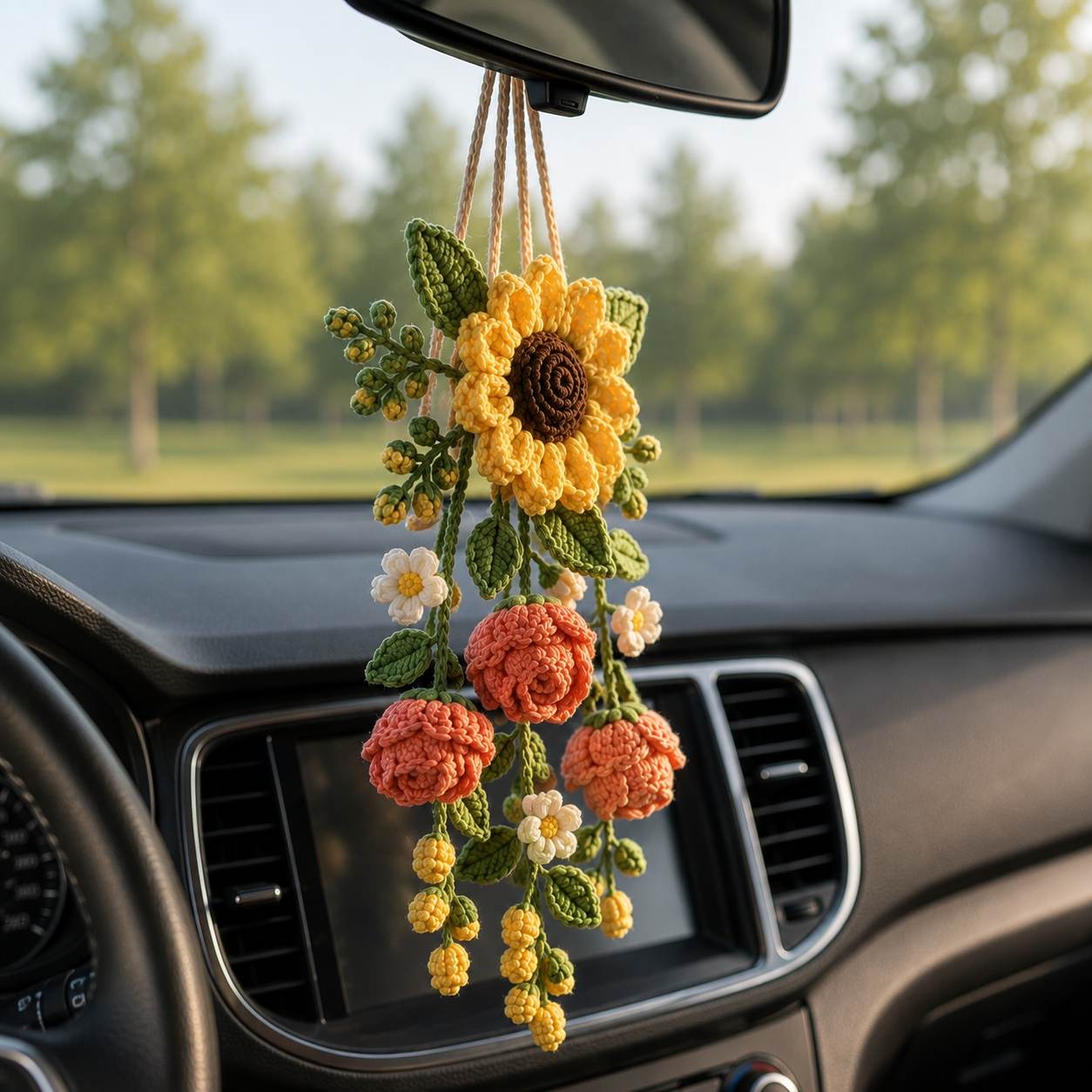 Crochet Flower Car Hanging Charm – Daisy Lavender Mirror Decor