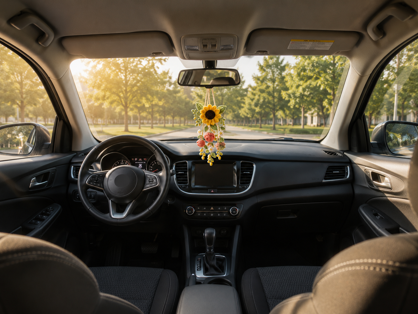 Crochet Flower Car Hanging Charm – Daisy Lavender Mirror Decor