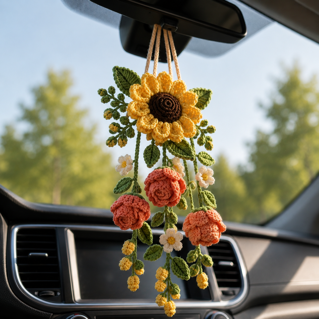 Crochet Flower Car Hanging Charm – Daisy Lavender Mirror Decor