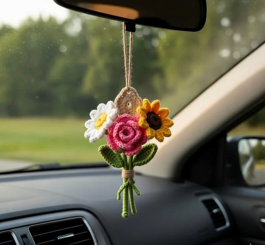 Crochet Flower Car Mirror Hanger – Handmade Bouquet Charm