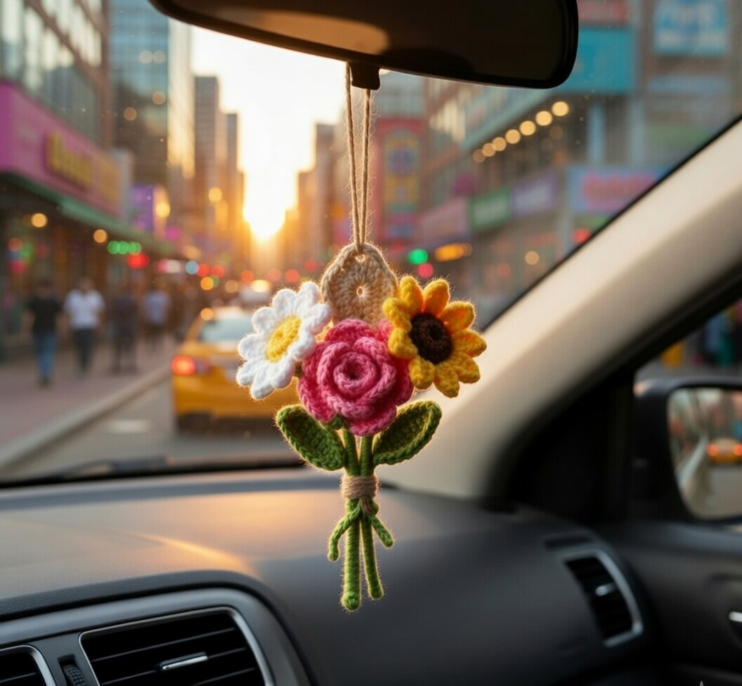 Crochet Flower Car Mirror Hanger – Handmade Bouquet Charm