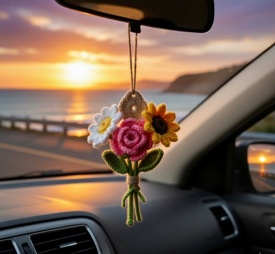Crochet Flower Car Mirror Hanger – Handmade Bouquet Charm