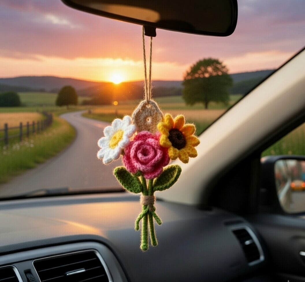 Crochet Flower Car Mirror Hanger – Handmade Bouquet Charm