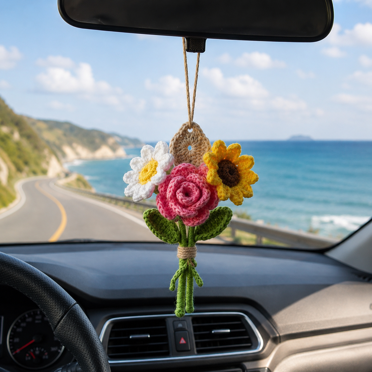 Crochet Flower Car Mirror Hanger – Handmade Bouquet Charm