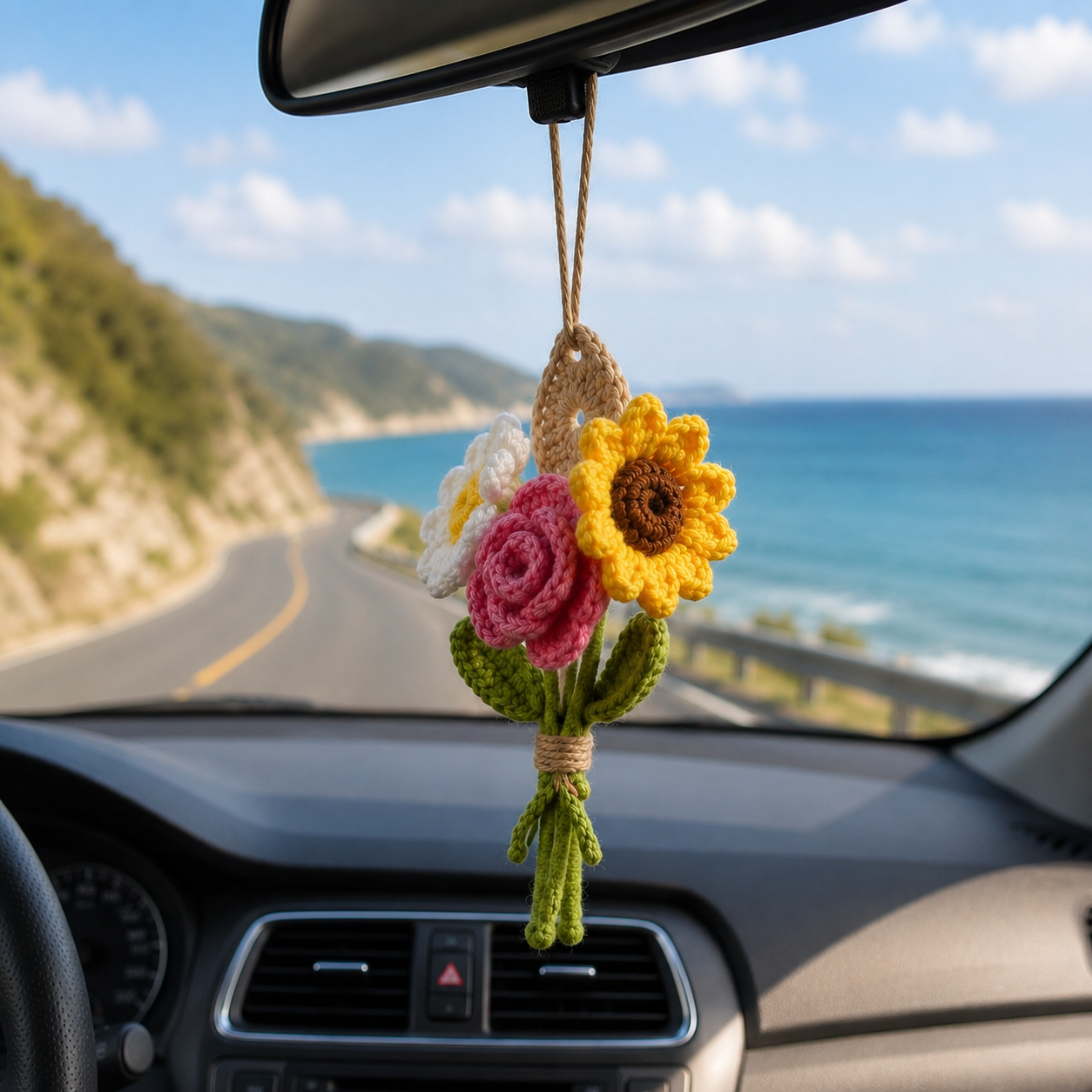 Crochet Flower Car Mirror Hanger – Handmade Bouquet Charm