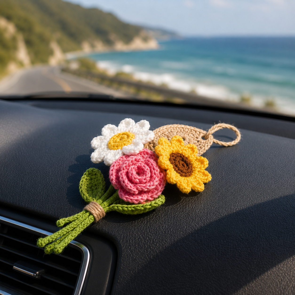 Crochet Flower Car Mirror Hanger – Handmade Bouquet Charm
