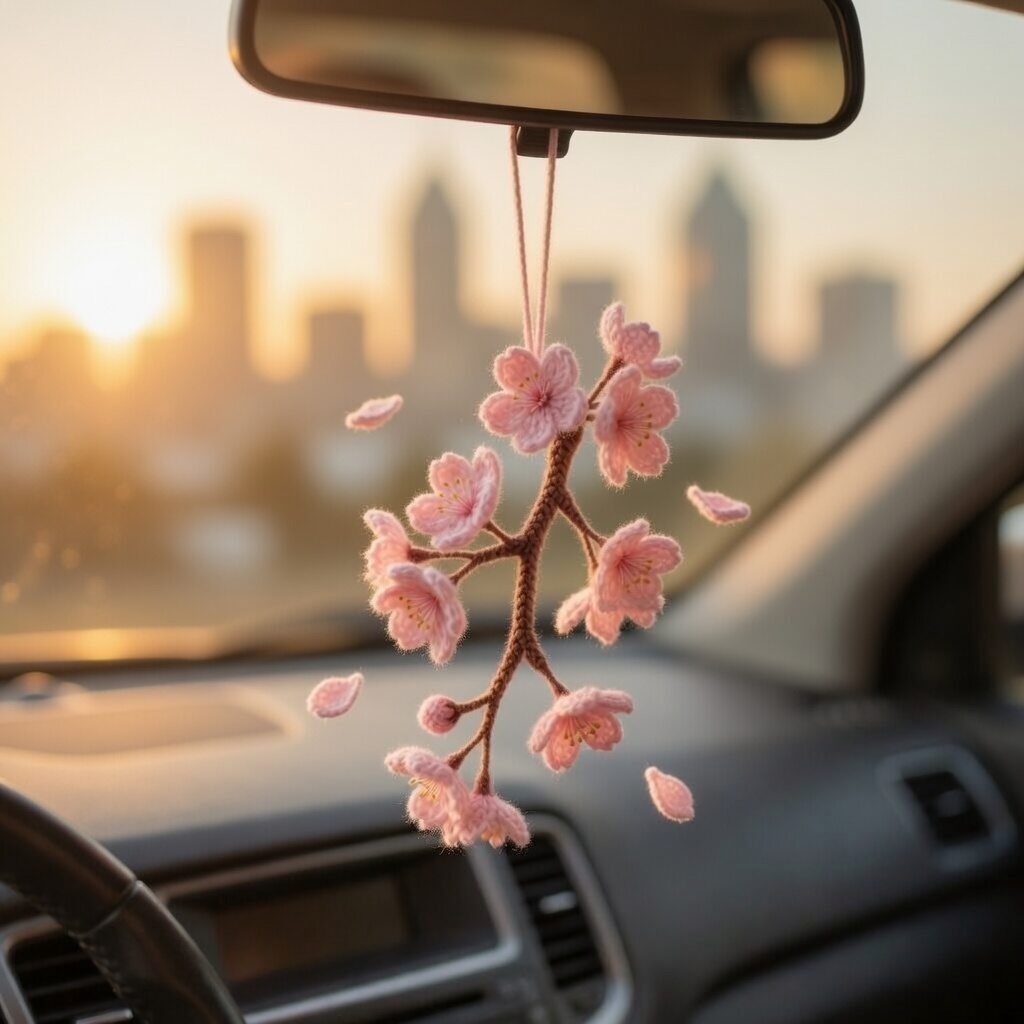 Handmade Crochet Cherry Blossom Car Charm – Sakura Rear View Mirror Hanging