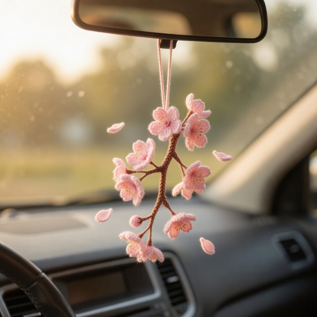 Handmade Crochet Cherry Blossom Car Charm – Sakura Rear View Mirror Hanging