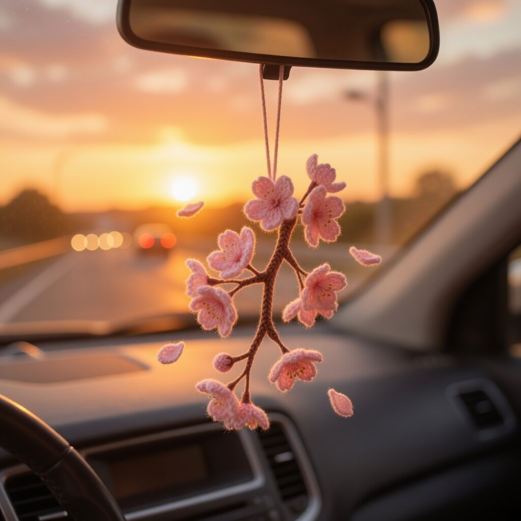 Handmade Crochet Cherry Blossom Car Charm – Sakura Rear View Mirror Hanging