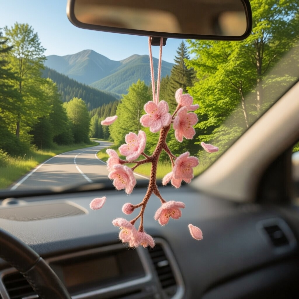 Handmade Crochet Cherry Blossom Car Charm – Sakura Rear View Mirror Hanging