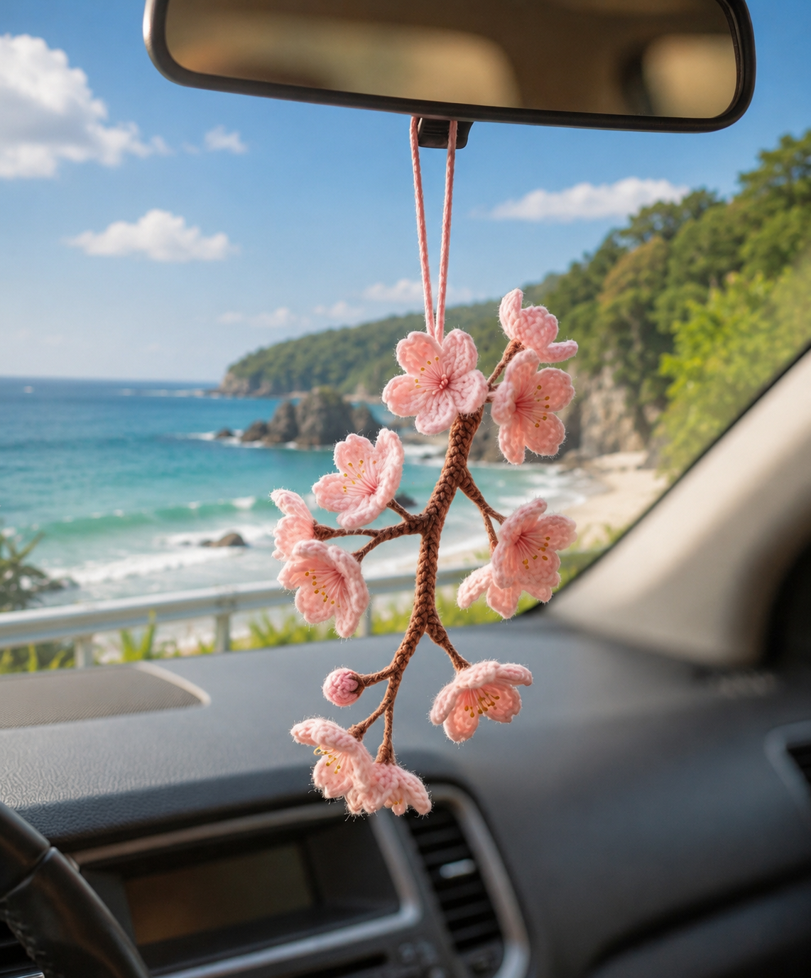 Handmade Crochet Cherry Blossom Car Charm – Sakura Rear View Mirror Hanging