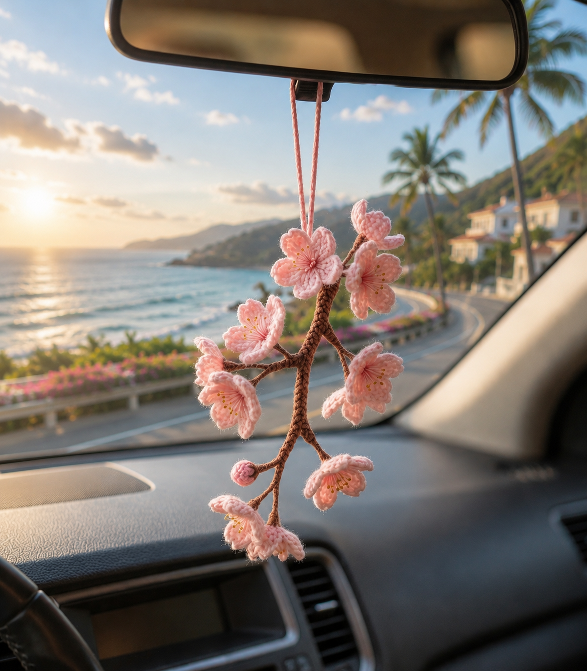 Handmade Crochet Cherry Blossom Car Charm – Sakura Rear View Mirror Hanging