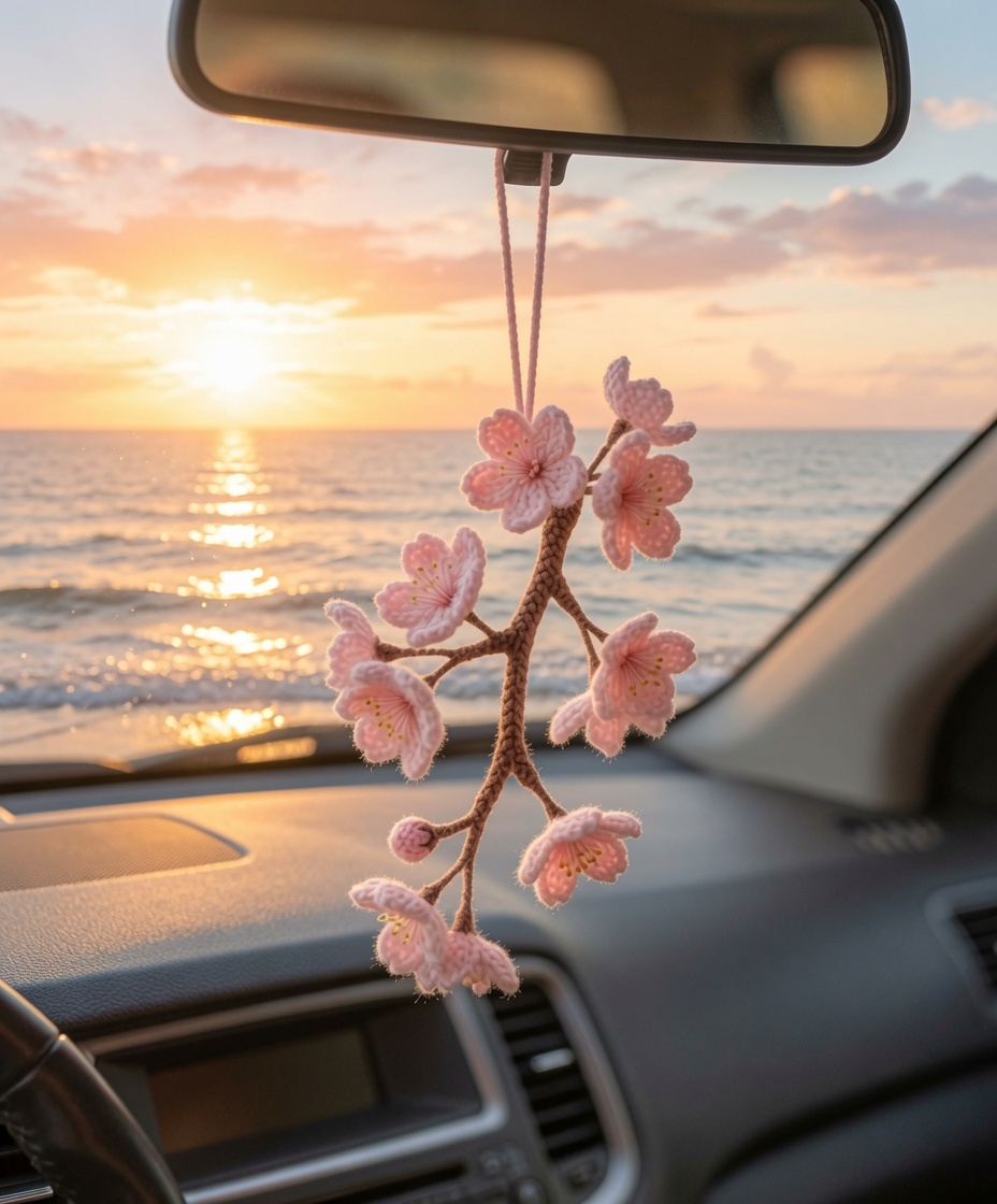 Handmade Crochet Cherry Blossom Car Charm – Sakura Rear View Mirror Hanging