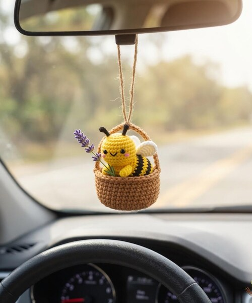 Handmade Crochet Bee Basket Car Charm – Cute Rear View Mirror Ornament
